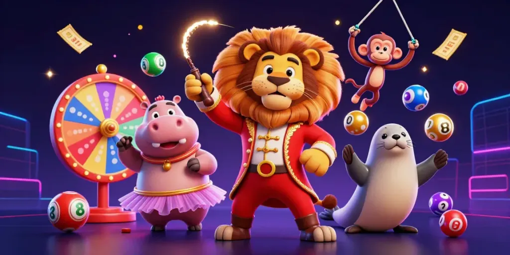 A scene depicting the lively Wa777 game with circus-themed characters and dynamic casino elements