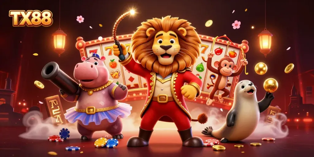 Experience thrilling wins with TX88 at this vibrant casino scene featuring animated characters and game elements.