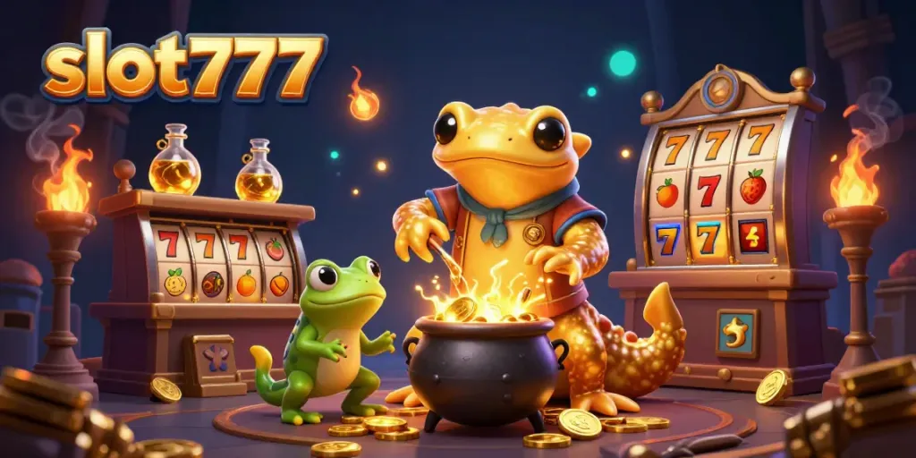 Exciting slot777 scene illustrating golden alchemist and frog apprentice amidst slot reels and jackpot symbols.