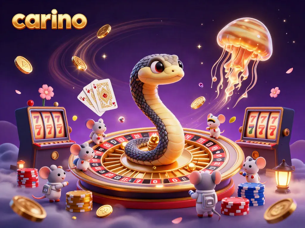 Experience cosmic betting in a vibrant casino scene featuring the carino brand with galaxy-themed characters.