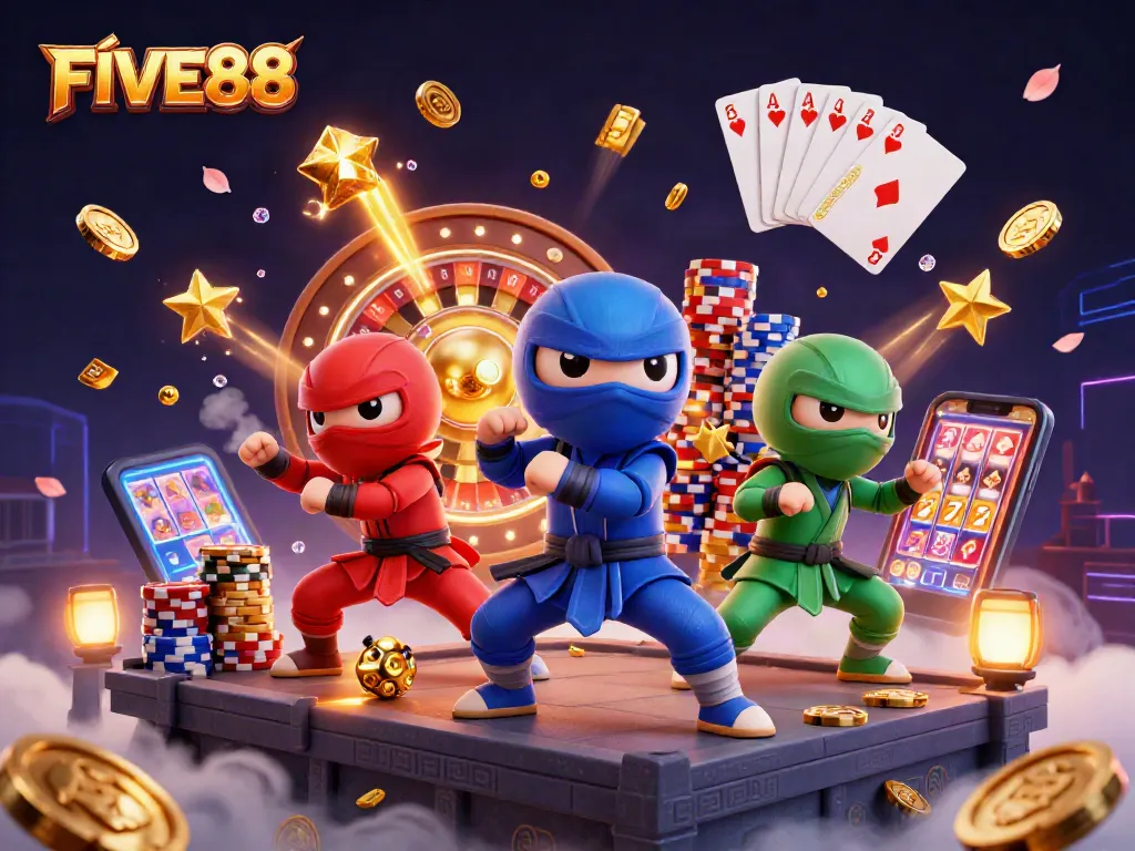 Experience the thrilling gameplay of FIVE88 with our cartoon ninja chameleon team surrounded by casino excitement.