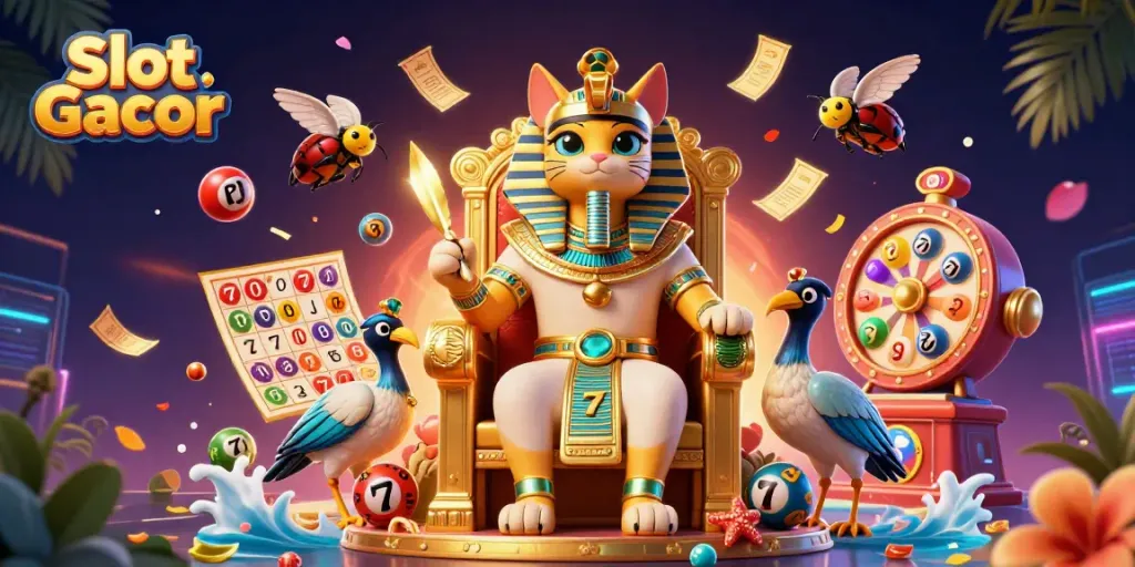 Experience the thrilling world of Slot Gacor with an energetic 3D scene featuring vibrant lottery balls and gold prizes.