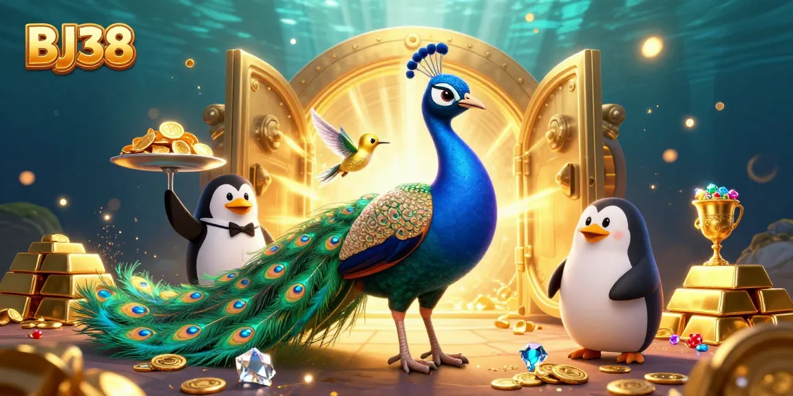 BJ38 offers stunning casino excitement with a vibrant illustration featuring captivating characters in a treasure-filled scene.