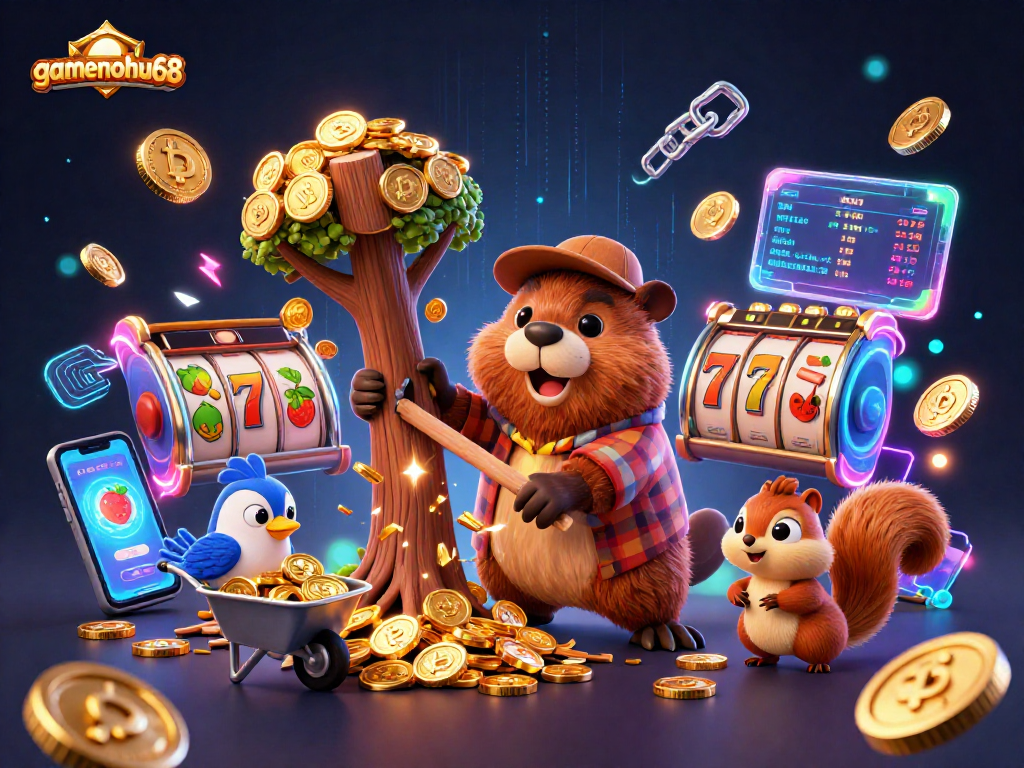 Spin and win at gamenohu68 with this vibrant casino-themed 3D illustration featuring cartoon characters and slot symbols.