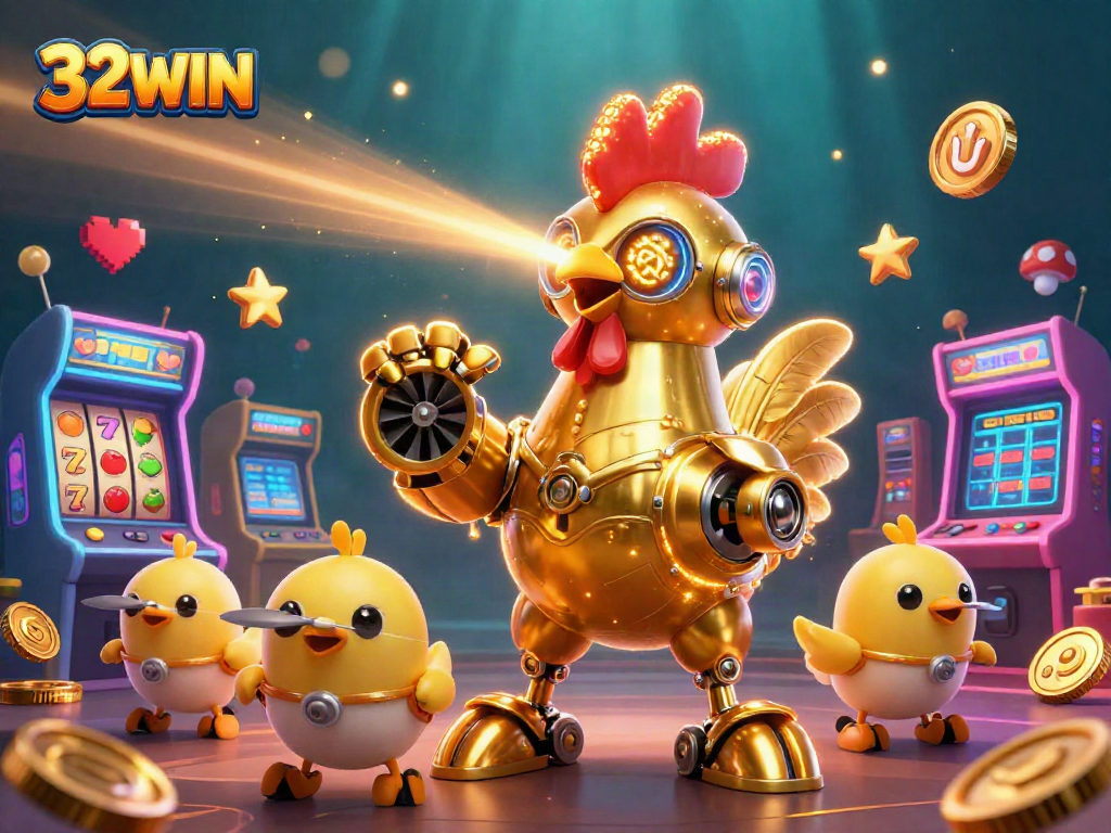 Engage in thrilling casino action with 32WIN's golden rooster robot and dynamic game elements.