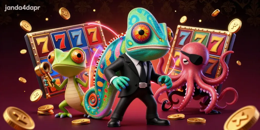 Gambarkan keseruan bermain slot di janda4dapr dengan chameleon dan teman-teman 3D warna-warni.