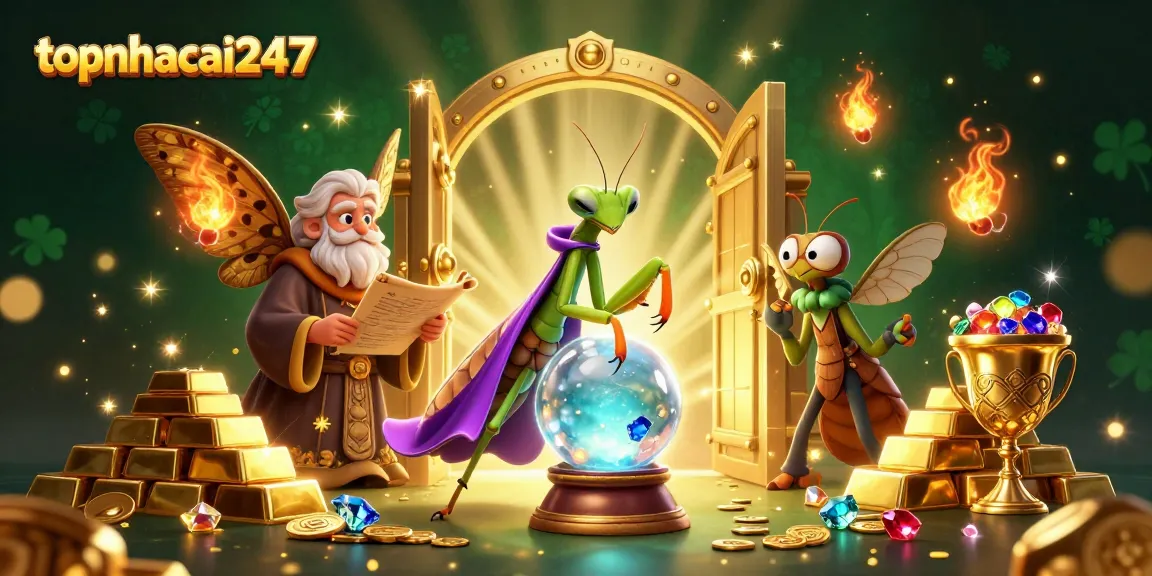 Topnhacai247 offers exciting gaming experiences with mystical characters and treasures in a vibrant casino scene.
