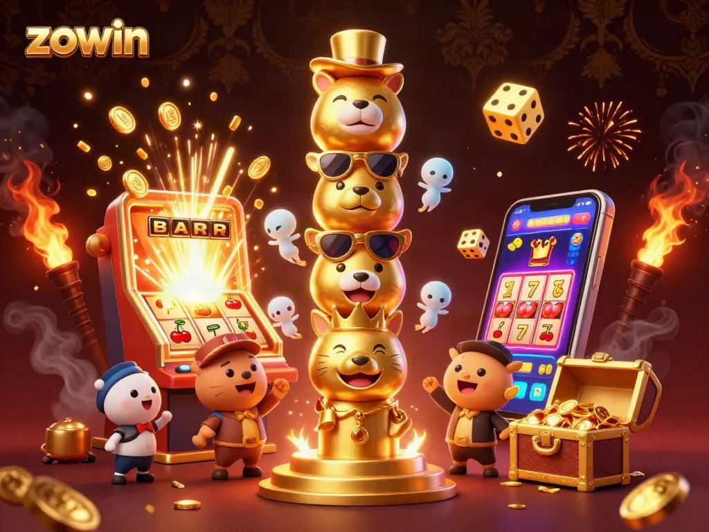 Zowin jackpot experience illustrated with a lively totem pole and dynamic casino elements such as slot machines and vibrant animations.