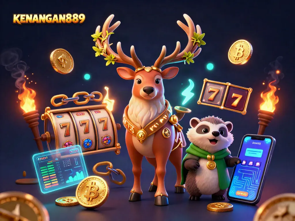 Experience KENANGAN889 with vibrant 3D illustration featuring slots, crypto elements, and enchanting characters.