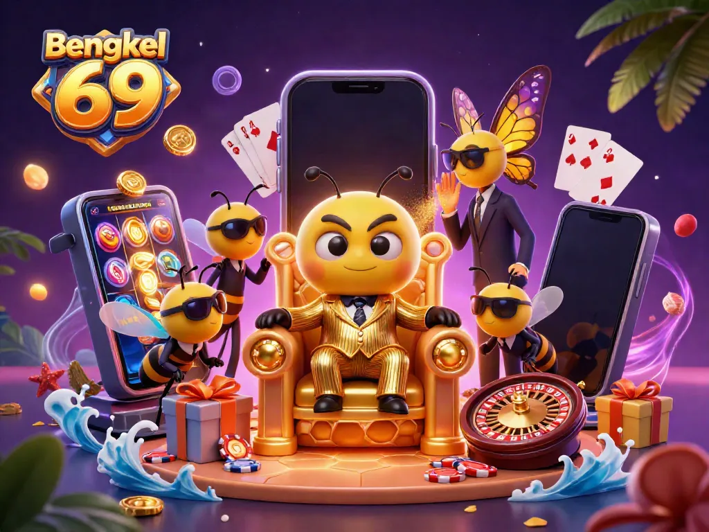 Bengkel 69 showcases a vibrant casino atmosphere with animated characters celebrating slot winnings and dynamic game elements.
