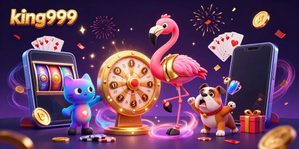 Permainan kasino online king999 dengan host flamingo dan anjing bulldog yang bersemangat di latar belakang percikan perayaan.
