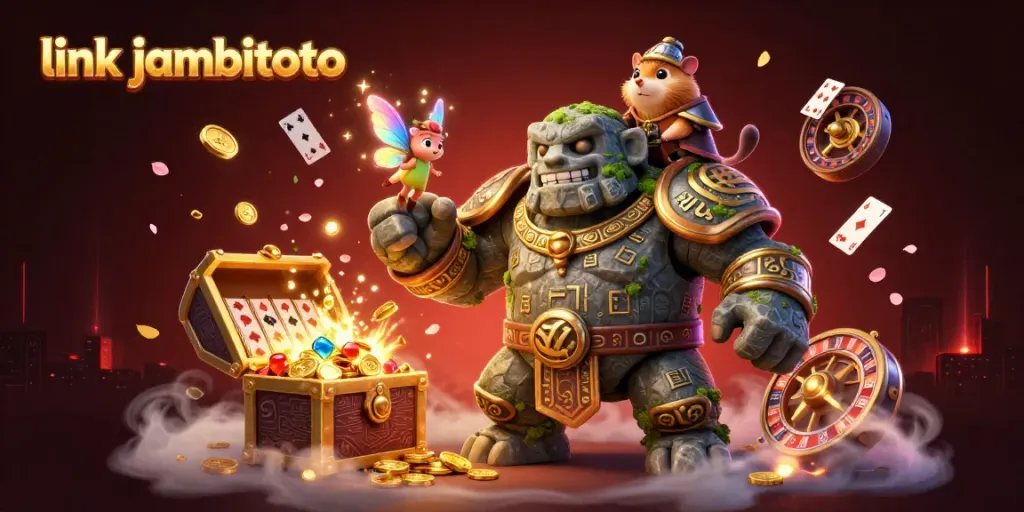 Experience the excitement at link jambitoto with a vibrant 3D scene featuring a heroic golem, magical fairy, and hamster knight surrounded by casino elements.