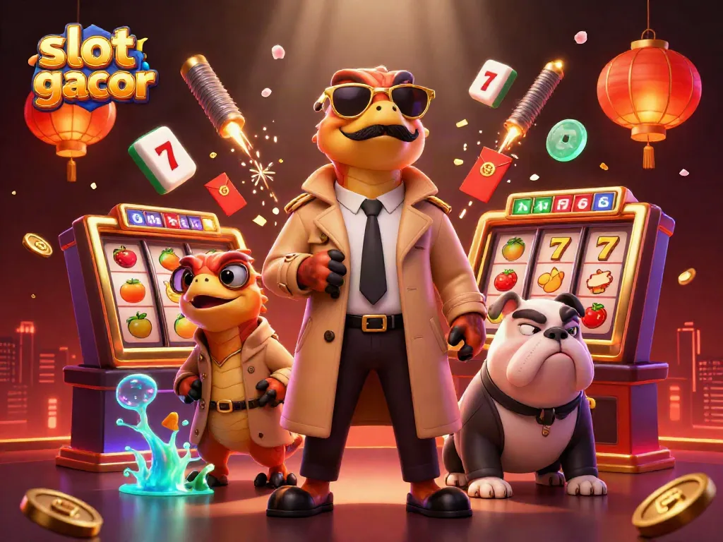 Permainan slot gacor dengan tiga raptor kartun berusaha memasuki lounge kasino VIP.
