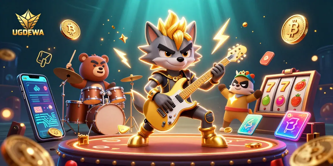 Experience the excitement of UGDEWA with a lively 3D casino illustration featuring rock star characters.