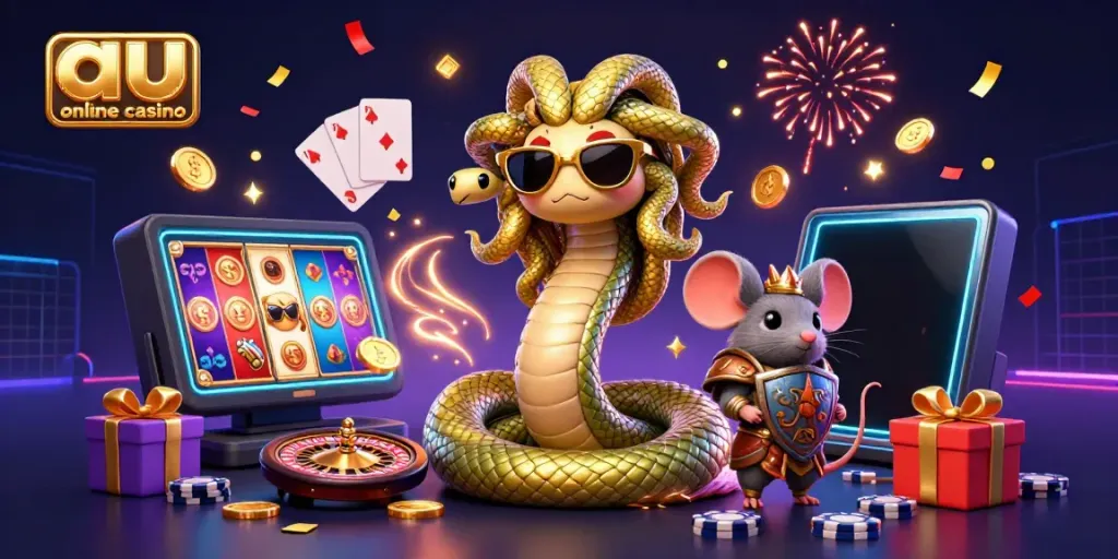 Experience the excitement of au online casino with Medusa and a warrior mouse among gaming symbols.