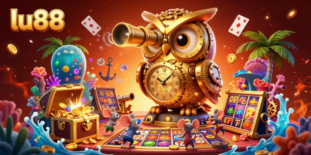 Experience thrilling slots at lu88 with vibrant characters and explosive treasures in this casino illustration.