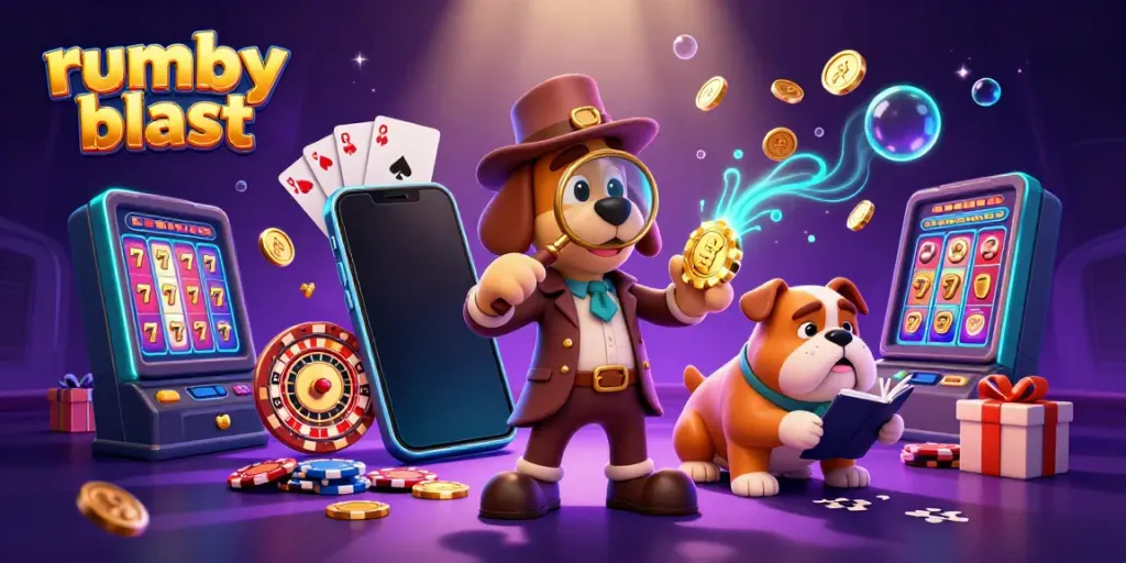 Engage with rummy blast gameplay as detective characters uncover treasures in a colorful casino scene.