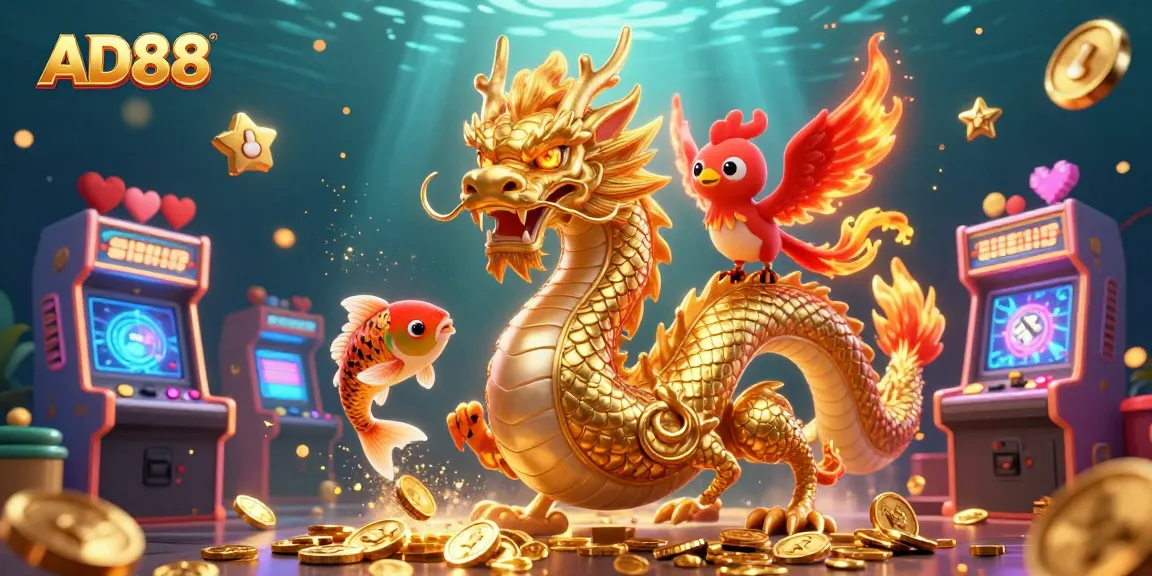 Experience the thrill of AD88 as you spin and win in this vibrant, action-packed casino scene.