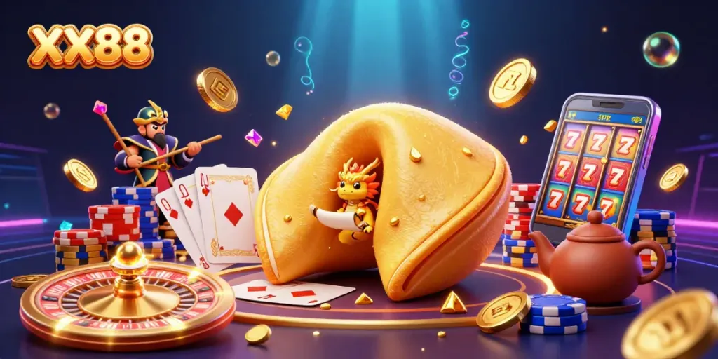 Experience thrilling gaming at XX88 featuring golden fortune cookies and dynamic casino elements.