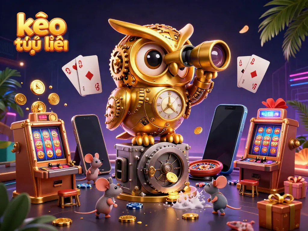 Experience thrilling kèo trực tuyến action with a clockwork owl and vibrant casino scene.