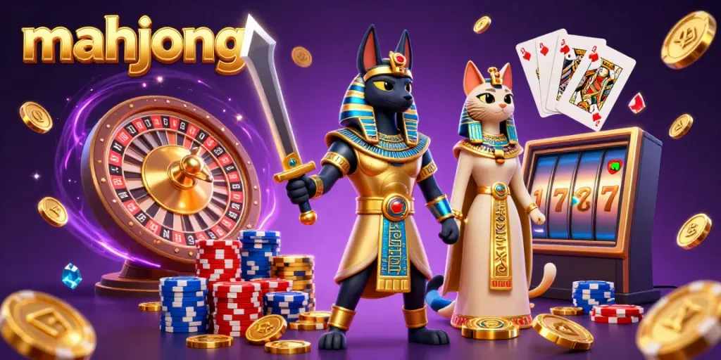 Permainan Mahjong menarik dengan karakter Anubis dan Bastet ditemani koin emas dan chip kasino.