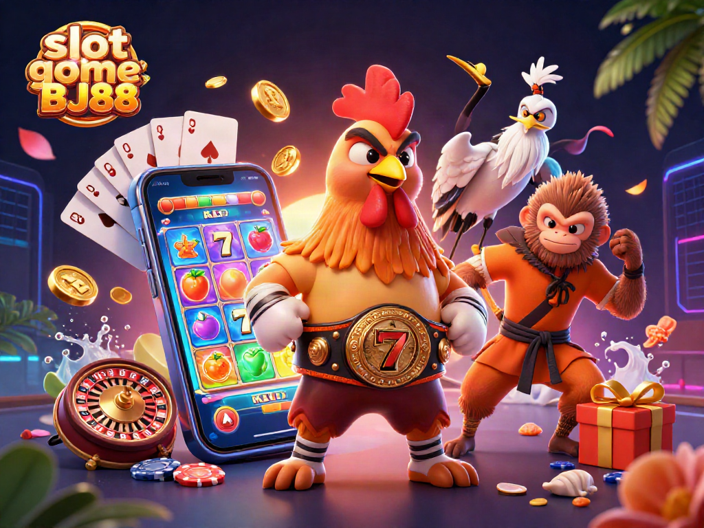 Engage in the slot game BJ88 with dynamic characters and vibrant casino elements.