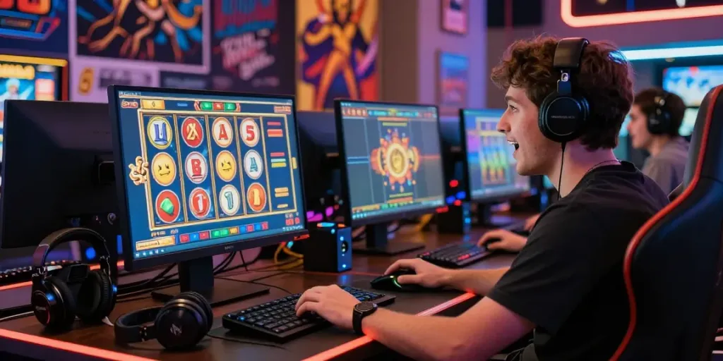 Engaging online slot game experience with vibrant visuals and excited player.