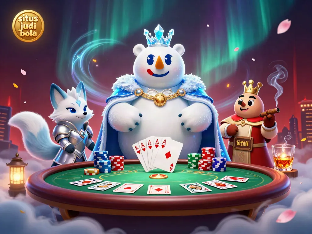 Experience thrilling moments in situs judi bola with the ice king polar bear and snow fox amid casino elements.