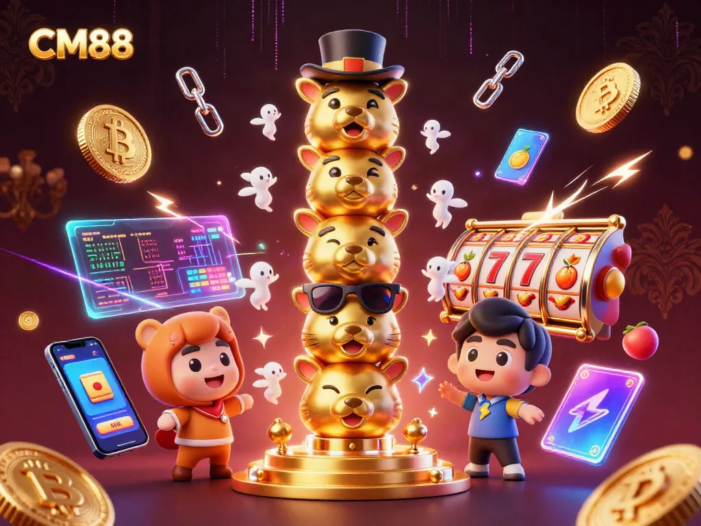 Bet on CM88 with a vibrant, 3D casino scene featuring a golden totem pole and neon digital elements.