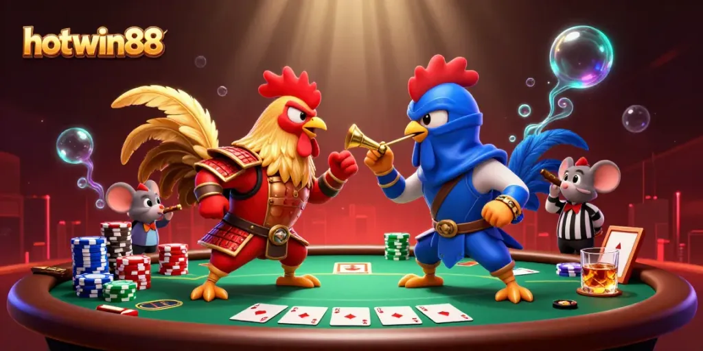 Engage with hotwin88 as roosters battle in a dramatic poker-themed showdown.