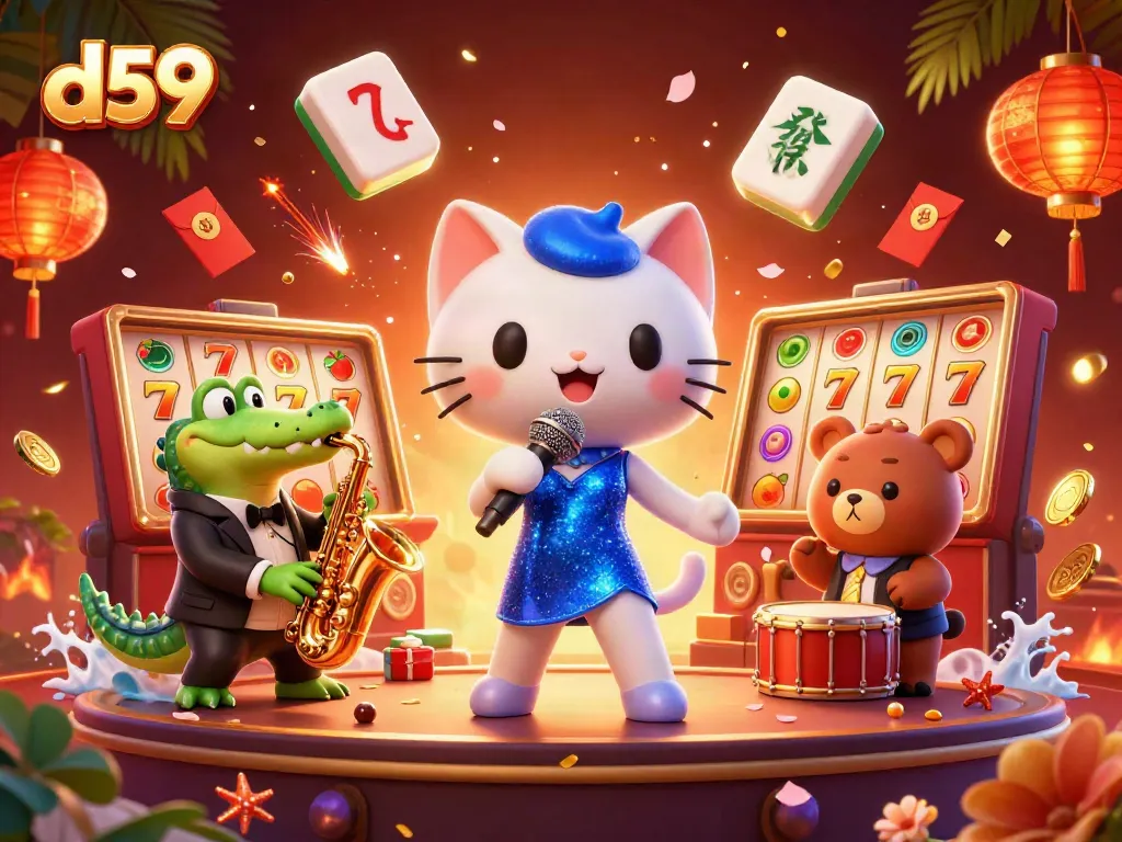Experience thrilling slot action with d59, featuring vibrant characters in a lively casino setting.