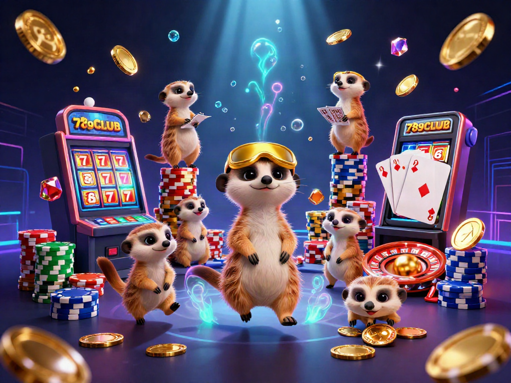 Experience the excitement of 789CLUB with meerkats running a vibrant casino filled with gold coins and high-stakes games.
