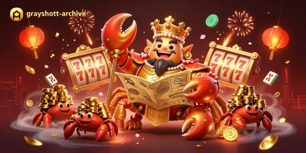 Engaging scene showcasing the grayshott-archive with a golden crab emperor, slot elements, and vibrant casino decor.