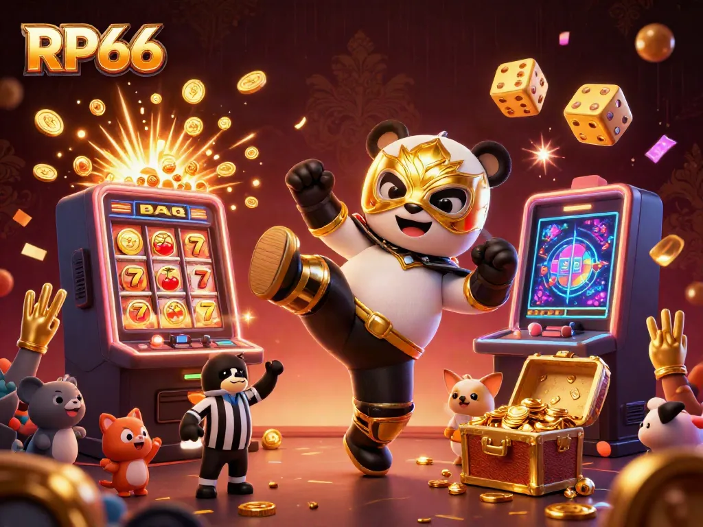 Experience the thrill of gaming with RP66, featuring a panda in action amidst dazzling slot machine excitement.