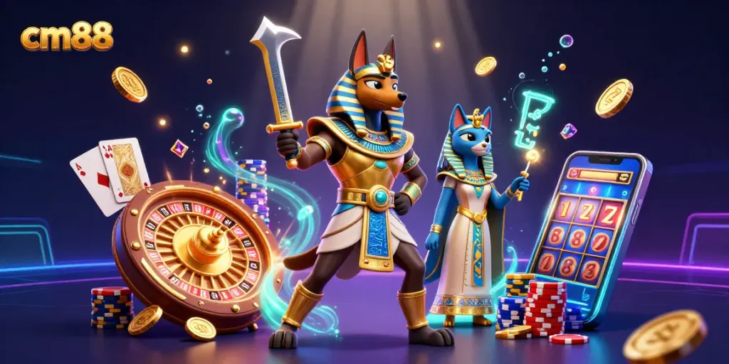 Spin the 3D roulette wheel at cm88 with Anubis and Bastet in a vibrant casino scene.