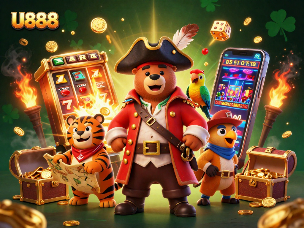 Experience excitement with U888 as the pirate captain bear and tiger celebrate jackpot wins at the casino.