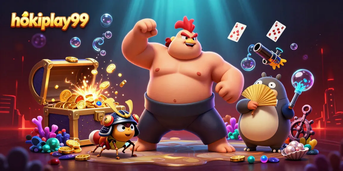 Gambarlah seru bertema hokiplay99 dengan ayam sumo dan kriket bertarung di kasino.