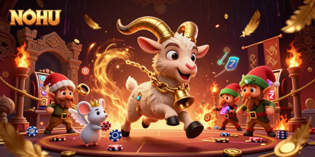 Experience thrilling gameplay at NOHU with this dynamic 3D casino illustration showcasing festive casino characters.