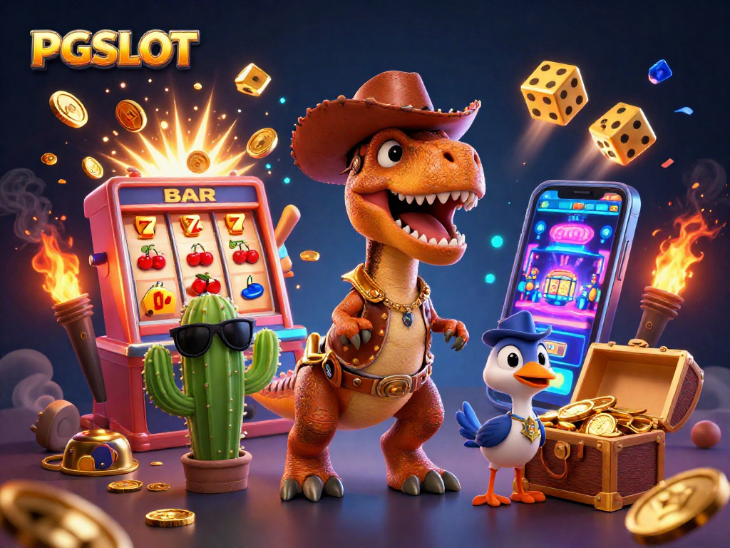 Experience winning with PGSLOT through dynamic 3D slot action featuring a cowboy dinosaur and colorful casino elements.