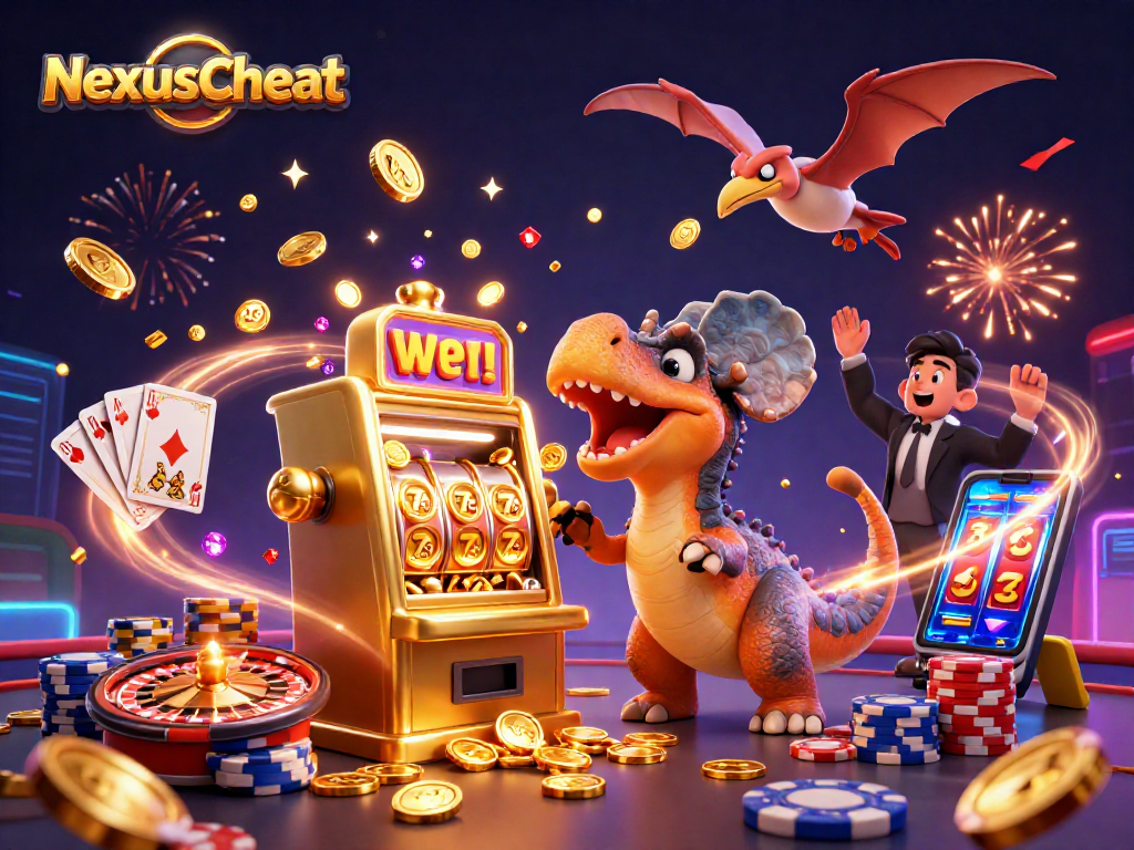 NexusCheat showcases a 3D cartoon scene of a dinosaur with a slot machine, celebrating wins with flying coins.