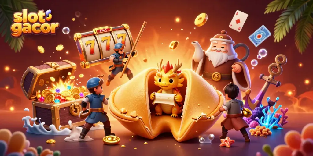Experience the thrill of slot gacor with a dynamic scene featuring a giant fortune cookie, wise dragon, and vibrant casino elements.