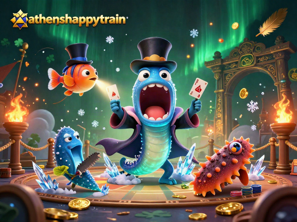 Athenshappytrain showcases a magical casino scene with deep-sea characters performing card tricks amidst gold coins.