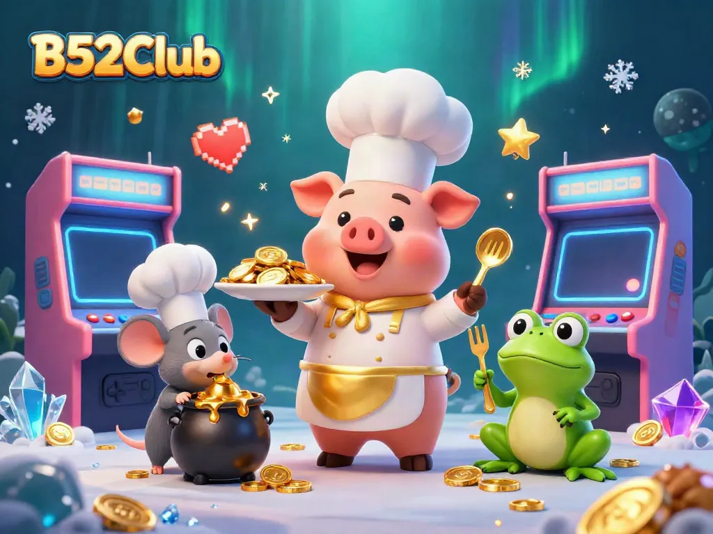 B52Club's vibrant casino scene featuring cartoon characters serving gold coins amidst 3D arcade game elements.