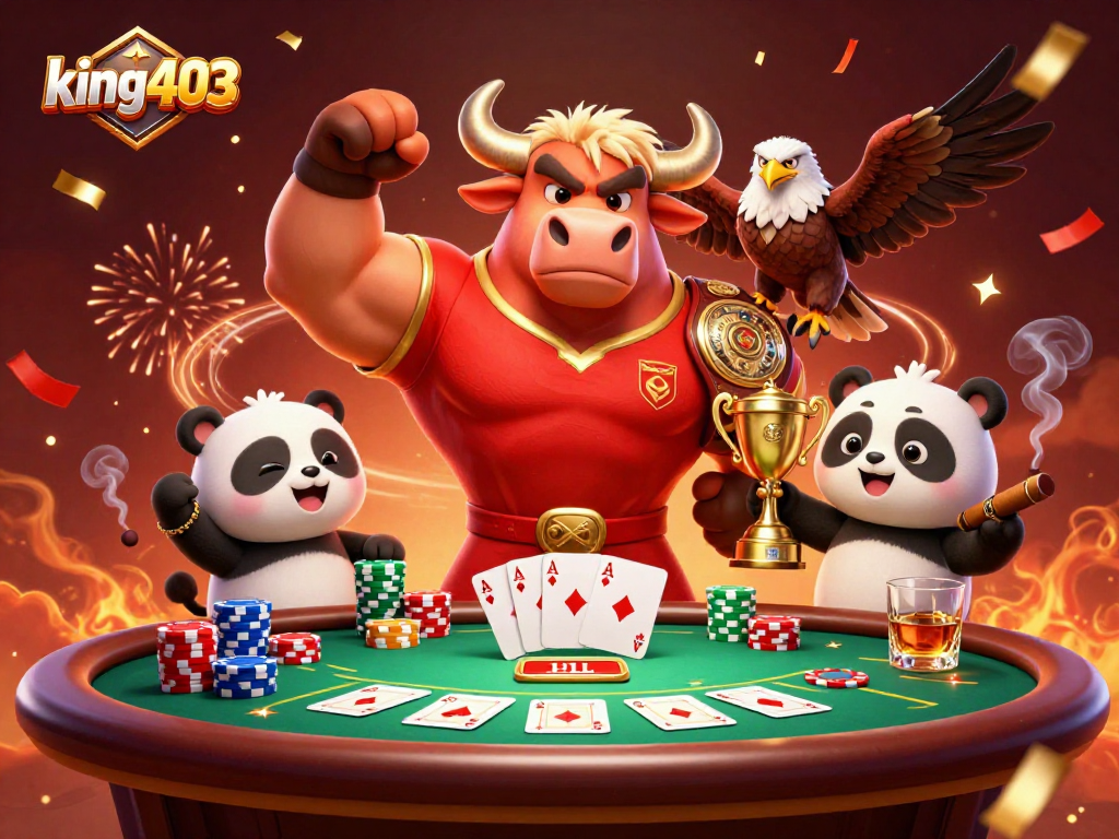 king403 showcases a vibrant 3D casino scene packed with poker elements and celebration.