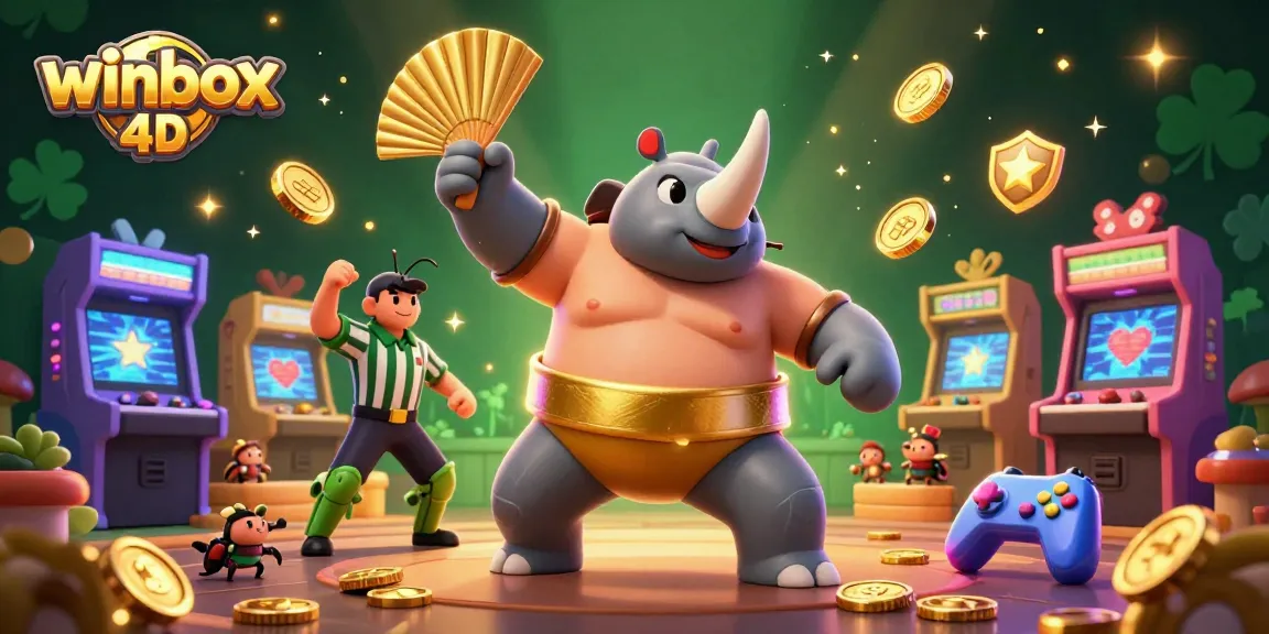 Engage with winbox 4d's thrilling gaming experience as a beetle sumo champion stomps golden coins in a vibrant arcade.