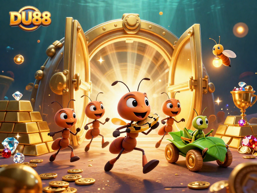 DU88 enhances your betting experience with a thrilling heist scene featuring playful ants in a vibrant casino world.