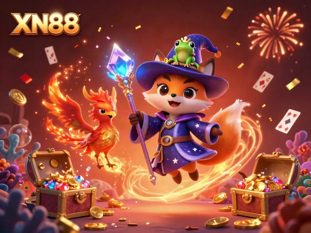 Experience excitement with XN88's engaging 3D cartoon scene featuring magical characters and casino elements.