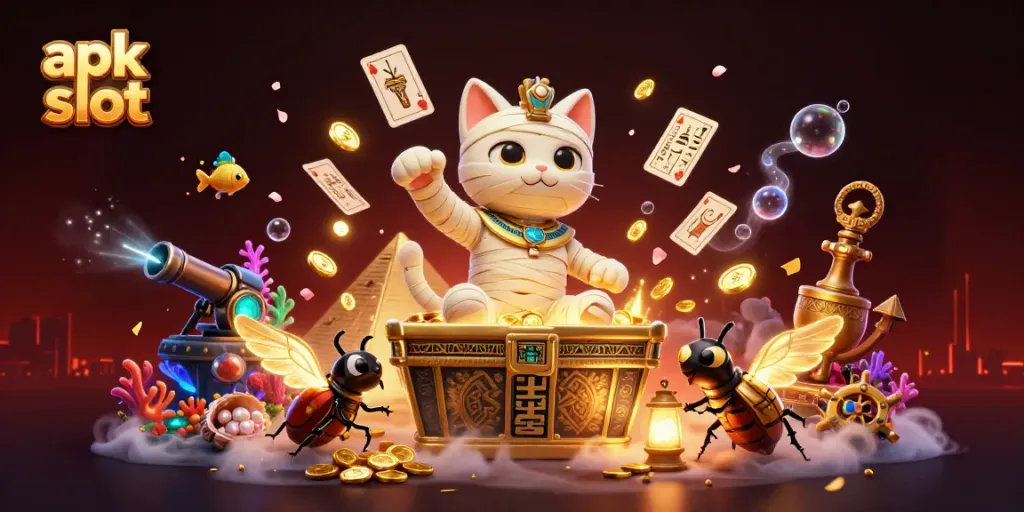 Experience the excitement of apk slot with this dynamic 3D illustration featuring vibrant characters and casino elements.