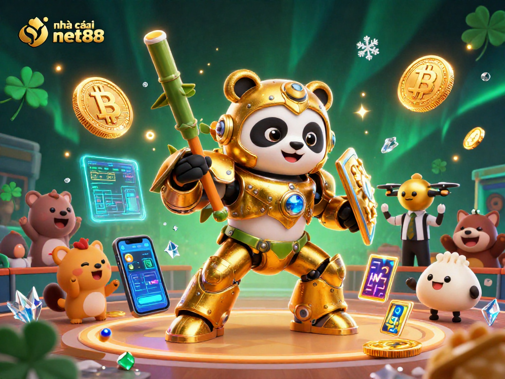 Engage with nhà cái net88 as the golden panda battles in a vibrant crypto-themed arena.