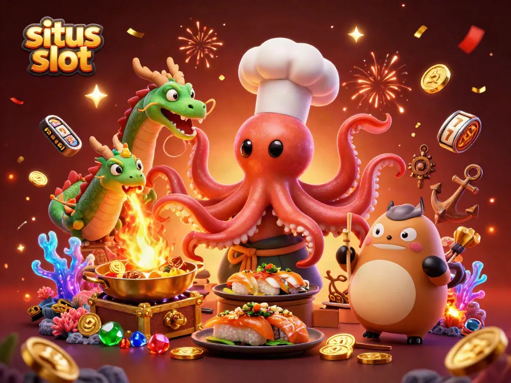 Experience the thrill of situs slot with dynamic characters and casino elements in a vibrant illustration.